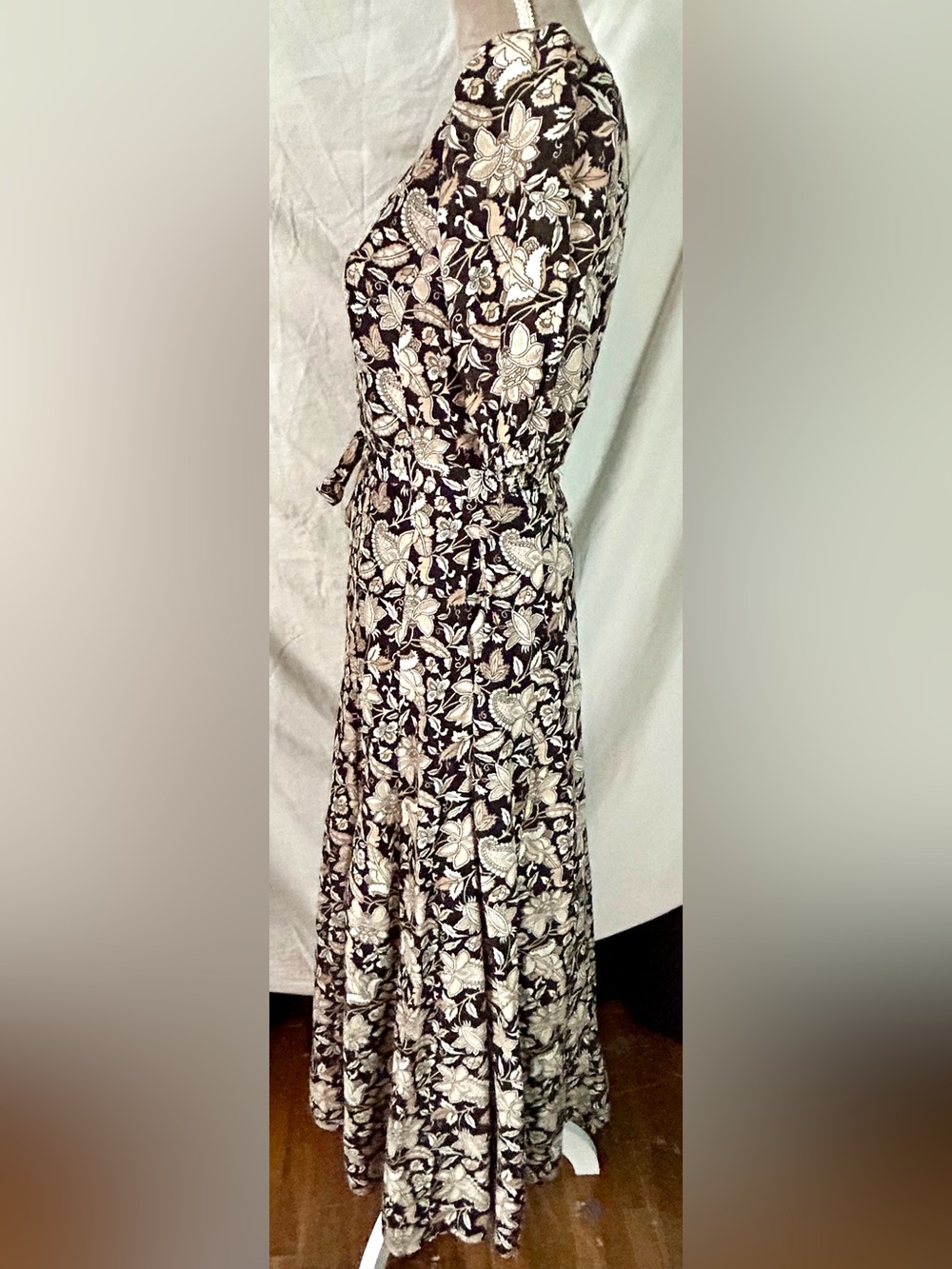 Boden Retro Brown, Cream Floral Belted Cotton Midi Dress, Size 6 - Picture 9 of 16